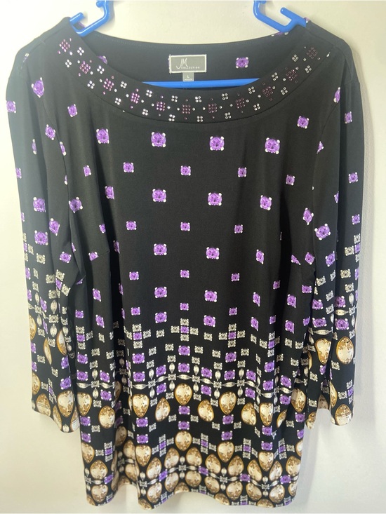 JM Collection Tops - JM Collection Black Tunic with Purple & Gold Jewel Print